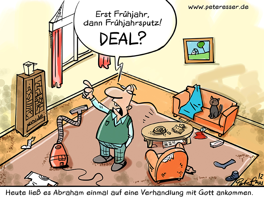 Comic, Mann verhandelt beim Putzen, Sprechblase: Erst Frühjahr, dann Frühjahrsputz! Deal? Feng Shui Bischoff SH - HH