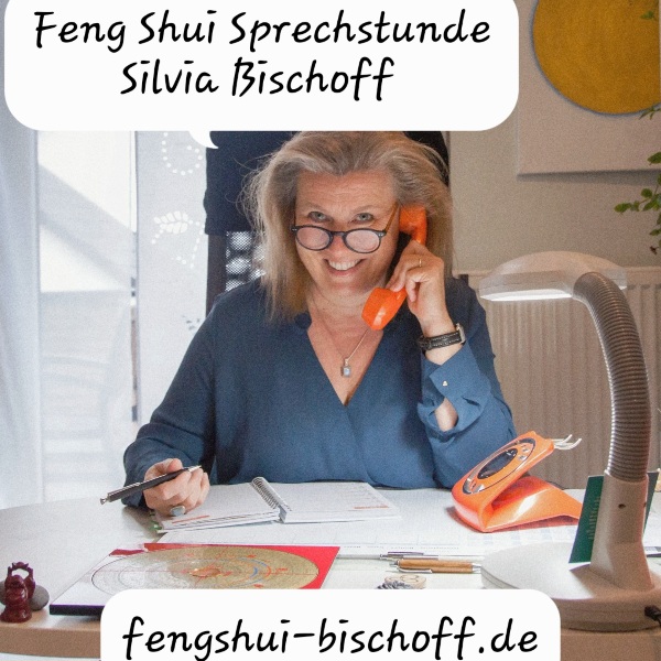 Feng Shui Beraterin Silvia Bischoff telefonierend an Ihrem Schreibtisch in der  Feng Shui Sprechstunde Sprechstunde