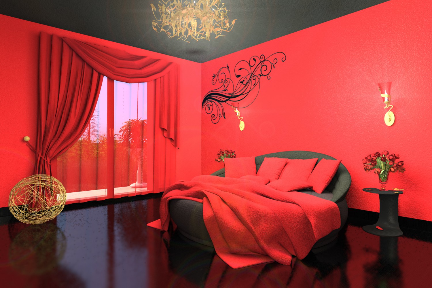 Schlafzimmereinrichtung: Wand, Vorhänge und Bettwäsche in Rot, nur Fußboden und Bettgestell in Schwarz, Feng Shui Bischoff SH